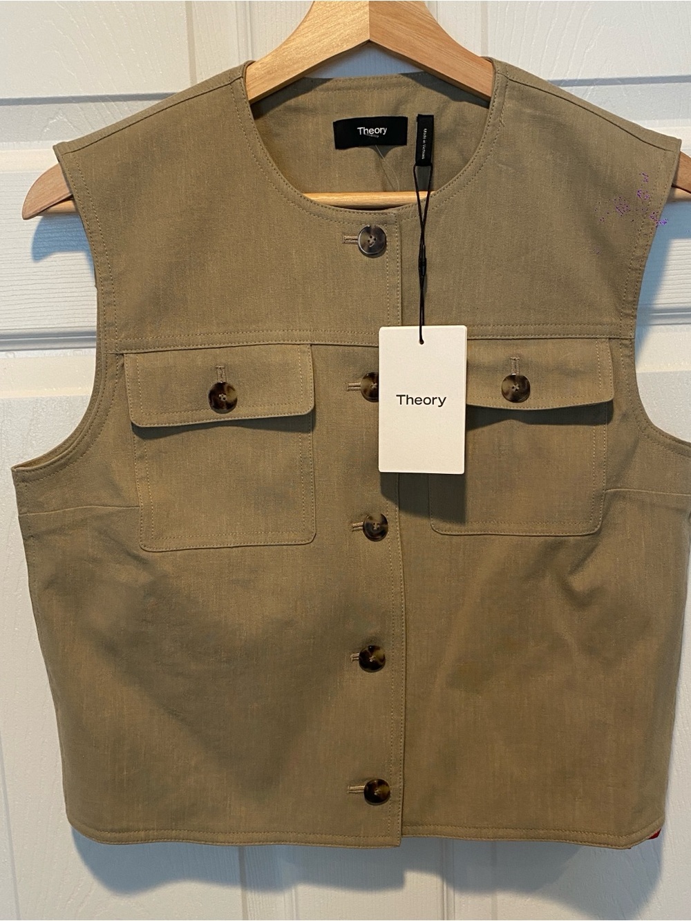 NWT Theory Trucker Vest in Good Linen Soft Taupe Caliver 2 Size 6 MSRP$295